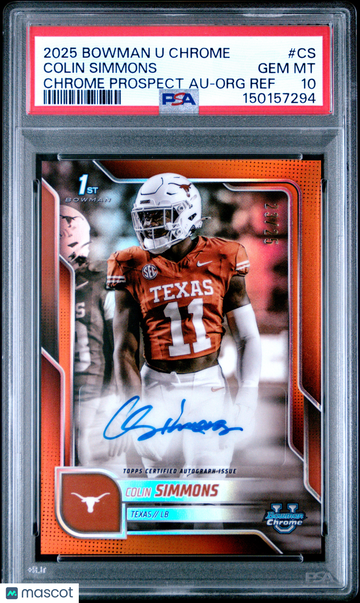 2025 Bowman University Chrome Bowman Chrome Prospect Autographs Colin Simmons #CS Org Ref PSA 10