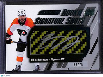 50/75 2023-24 Upper Deck Engrained Rookie Signature Shots Elliot Desnoyers #RSS-ED Green Stick Short Print Autograph Man