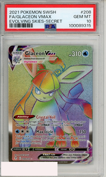 2021 POKEMON SWSH EVOLVING SKIES FA GLACEON VMAX #208 SECRET PSA 10