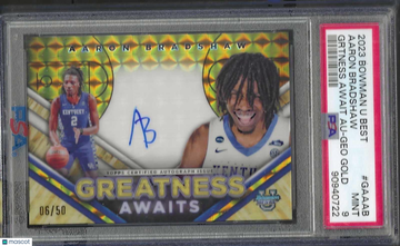2023 Bowman University Best Greatness Awaits Autographs Aaron Bradshaw #GAAAB GRT Geo Gold Ref PSA 10