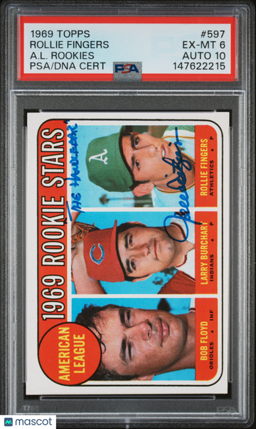 1969 Topps Rollie Fingers #597 A. L. Rookies HOF Rookie PSA 6 Auto 10
