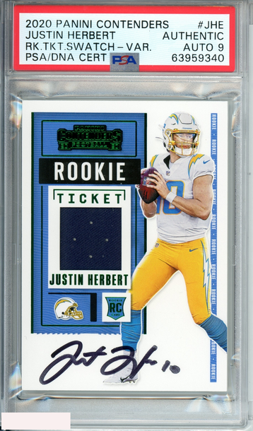 2020 PANINI CONTENDERS JUSTIN HERBERT #JHE RK TKT SWATCH-VAR PSA AUTH AU MINT 9
