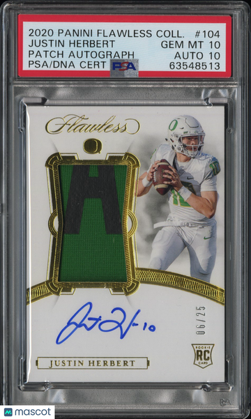 2020 Panini Flawless Collegiate Justin Herbert #104 Patch Autograph /25 PSA 10 Auto 10