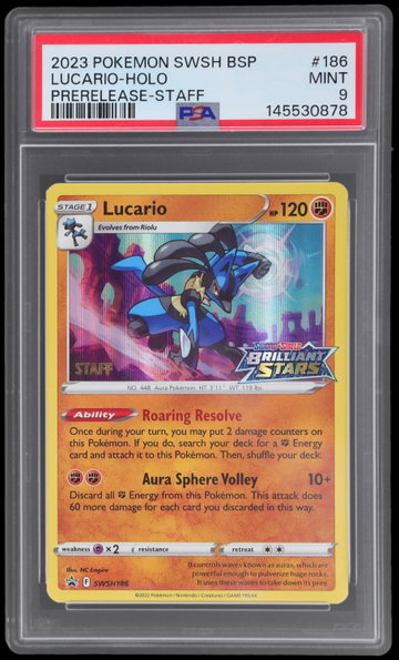 2023 Pokemon Sword And Shield Black Star Promo Brilliant Stars Lucario Prerelease Staff Holo PSA 9