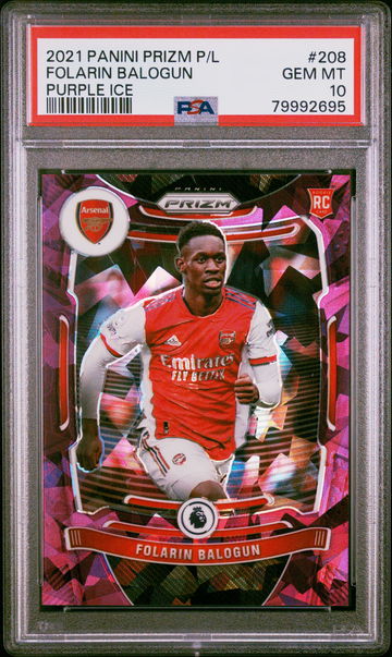 2021 PANINI PRIZM PREMIER LEAGUE FOLARIN BALOGUN #/49 PURPLE ICE #208 RC PSA 10