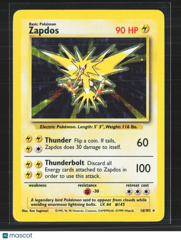 1999 Base Set Zapdos Holo Rare #16/102