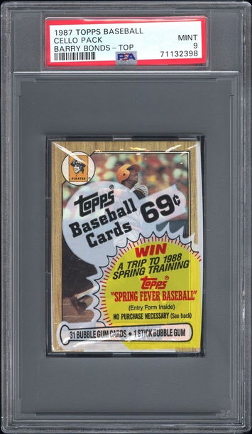 RARE 1987 Topps Barry Bonds RC on top Cello PSA 9
