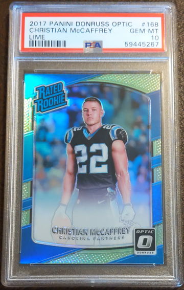 2017 Donruss Optic, Lime Prizm, #168, Christian McCaffrey, RC, PSA 10