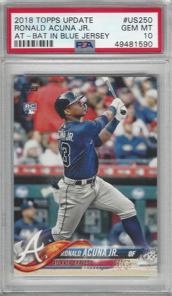 2018 Topps Update Ronald Acuna JR #US250 BAT IN BLUE JERSEY PSA 10