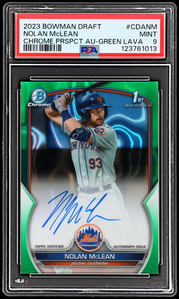 2023 Bowman Draft Nolan Mclean Chrome Prospect Autograph Green Lava Refractor PSA 9