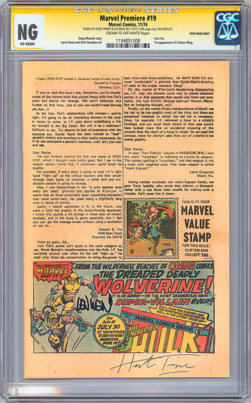 INCREDIBLE HULK #181 AD PAGE CGC-SS NG PRE-1ST FULL WOLVERINE TRIMPE & WEIN 1974