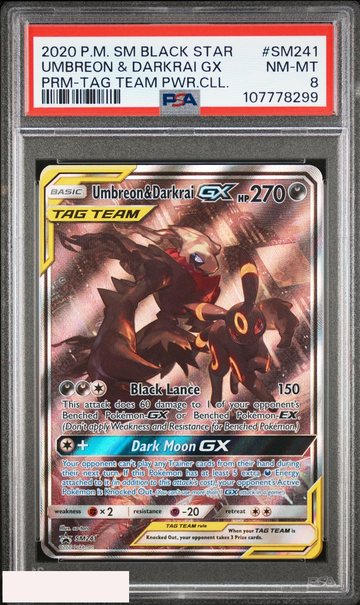 2020 POKEMON SM BLACK STAR PRMO UMBREON DARKRAI GX #SM241 TAG TEAM PWR CLL PSA 8