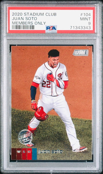 1;28,000 pack odds Juan Soto Stadium Club Members Only SSP PSA 9 POP 1