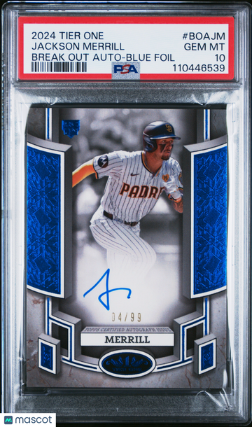 2024 Topps Tier One Break Out Autographs Jackson Merrill #BOAJM Blue Foil /99 PSA 10