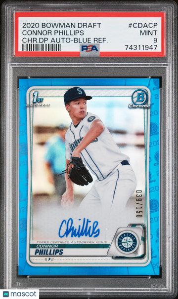 2020 Bowman Draft Chrome Draft Picks Autographs Connor Phillips #CDACP CHR. DP Blue Refractor PSA 9