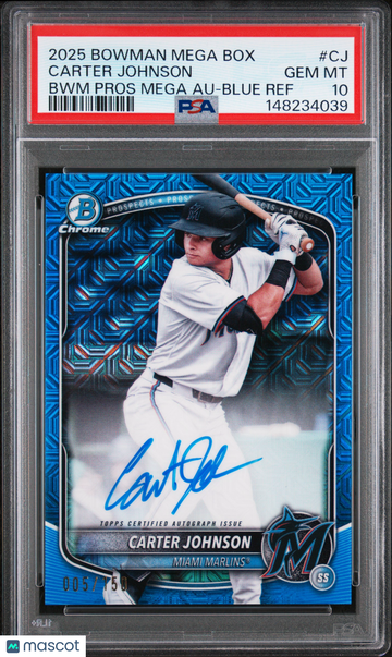 2025 Bowman Mega Box Bowman Prospect Mega Autographs Carter Johnson #CJ BWM Blue Ref /150 Short Print Nicely Centered Pa