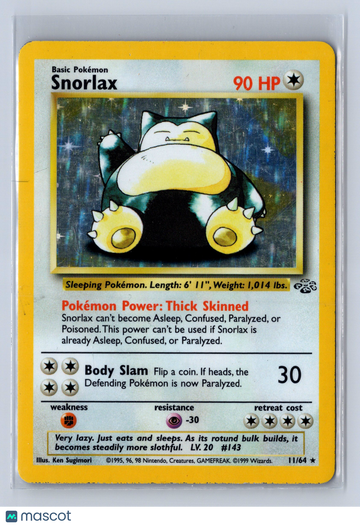 1999 Pokemon Jungle Holo Snorlax Rare Holo #11/64 English Moderately Played Trading Card