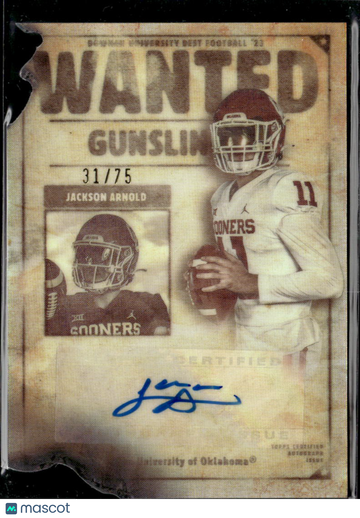 Jackson Arnold 2023 Bowman University Best Football Gunslingers & Bandits Auto Autograph Card /75 Oklahoma Sooners