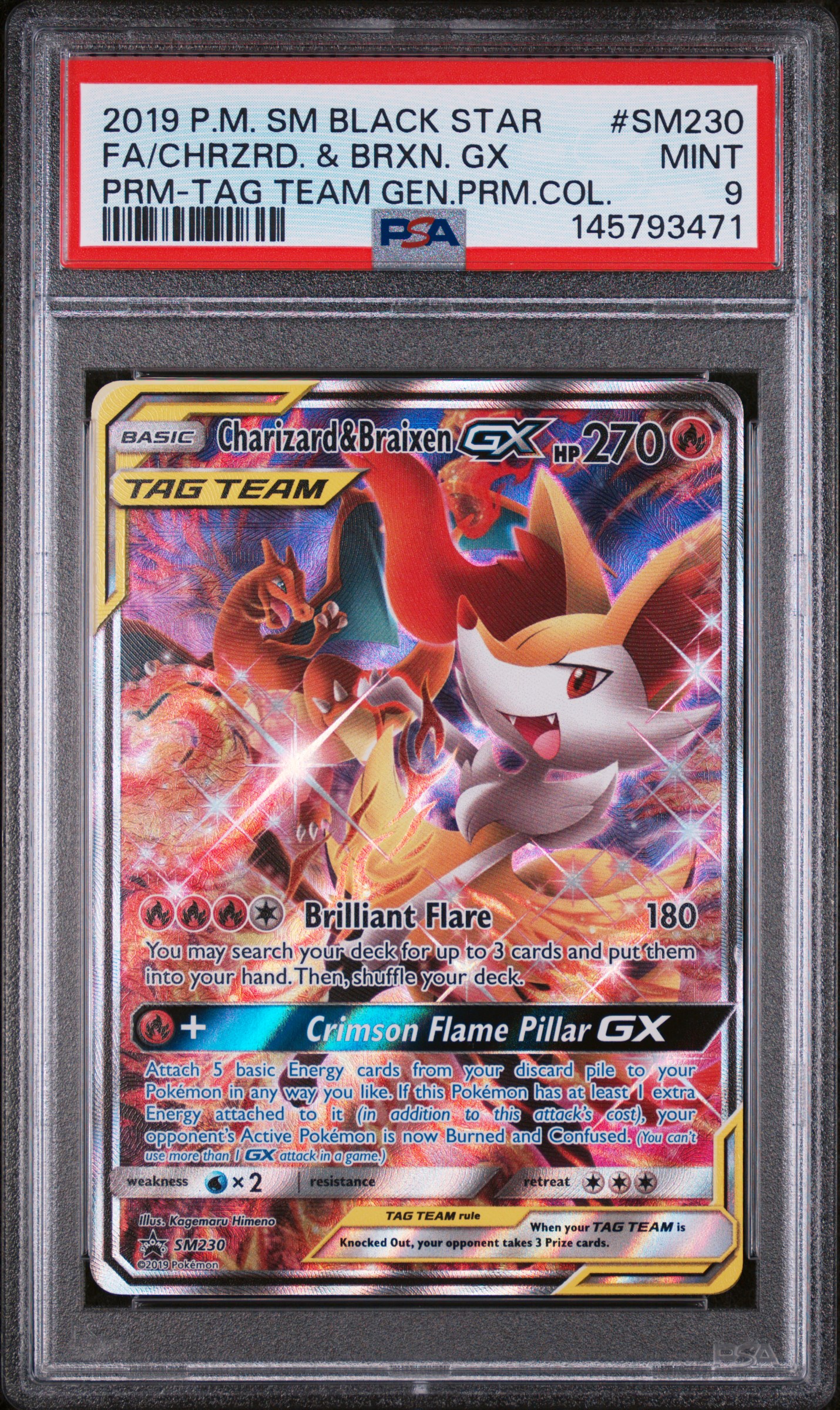 2019 Pokemon SM Black Star Promo Chrzrd. & Brxn. GX PRM-TAG Team Gen.PRM.Col. Fa PSA 9 #SM230