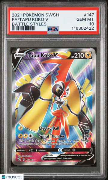 2021 Pokemon Sword & Shield Battle Styles Tapu Koko V Battle Styles PSA 10 #147