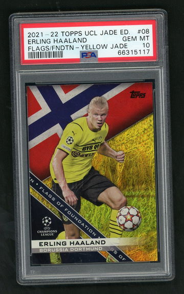 2021 Topps UEFA Champions League Jade Edition Flags of Foundation Yellow Jade Erling Haaland #8 /50 PSA 10