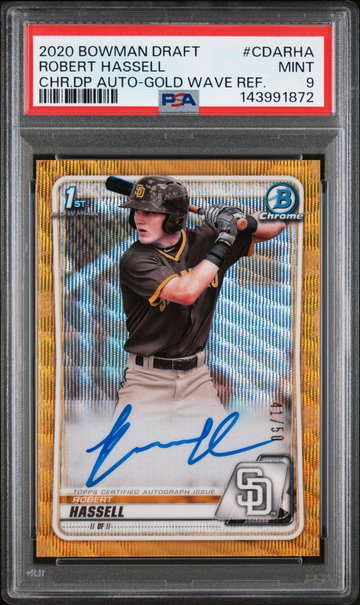 2020 Bowman Chrome Draft Autographs Gold Wave Refractor Robert Hassell #CDARHA /50 PSA 9