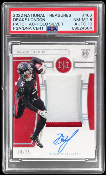 2022 National Treasures Drake London Rookie Patch Autograph Holo Silver PSA 8 RC AUTO