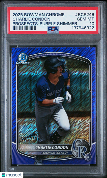 2025 Bowman Chrome Prospects Charlie Condon #BCP248 Purple Shimmer /250 PSA 10