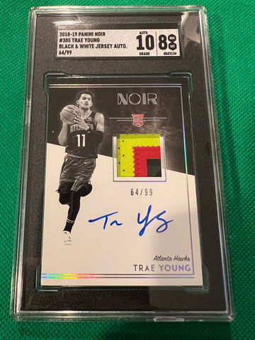 2018 noir trae young rc on card auto 3 color patch 64/99 sgc 8/10 auto