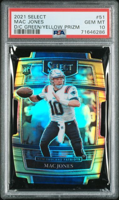 2021 PANINI SELECT MAC JONES ROOKIE RC DIE CUT GREEN YELLOW PRIZM PSA 10 GEM MINT