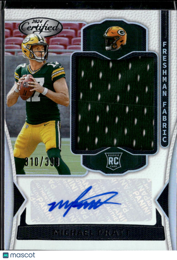 Michael Pratt 2024 Panini Certified Freshman Fabric Patch RC Authentic Memorabilia Auto Green Bay Packers