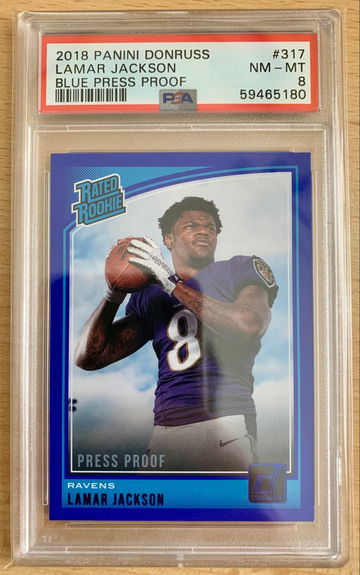 2018 Lamar Jackson 2018 Panini Donruss Blue Press Proof Rated Rookie #317 PSA 8