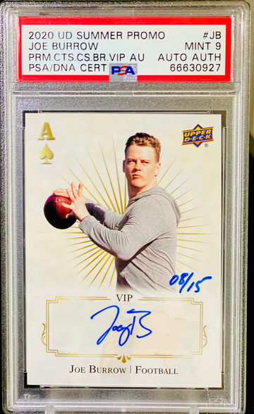 2020 Joe Burrow RC Gold VIP Auto /15 SSP PSA 9 POP 1 Upper Deck Summer Promotion UD Promo Signature