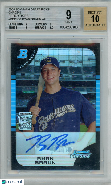 2005 Bowman Chrome Draft Refractors Ryan Braun #168 /500 Rookie BGS 9 Auto 10