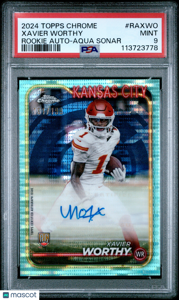 2024 Topps Chrome Rookie Autographs Variations Xavier Worthy #RAXWO Aqua Sonar /199 PSA 9