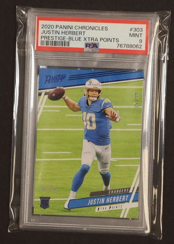 2020 Panini Chronicles Prestige Blue Xtra Points Justin Herbert #303 PSA 9