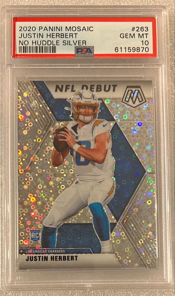 2020 Panini Mosaic Justin Herbert RC #263 NFL Debut No Huddle Silver Prizm SP PSA 10 