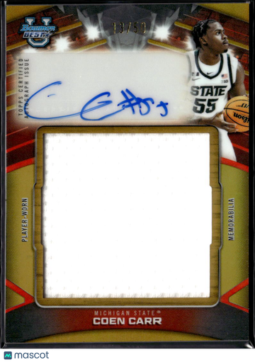 2026 Bowman University's Best Coen Carr #PJR-CC /50 Player-Worn Memorabilia Prospect Jumbo Relic Autograph Card