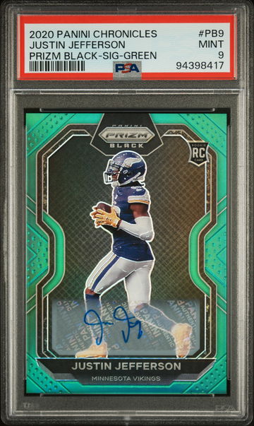 2020 Panini Chronicles Prizm Black Signature-Green Justin Jefferson #PB9 /49 PSA 9