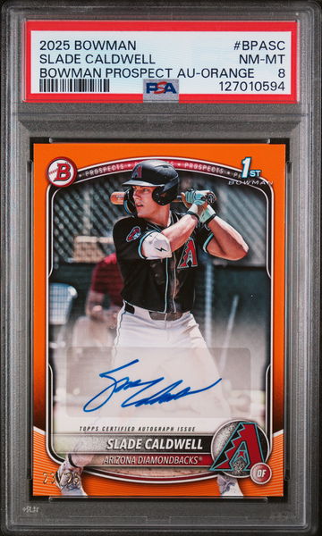 2025 Bowman Bowman Prospect Autographs Orange Slade Caldwell #BPASC /25 PSA 8