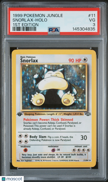 1999 Pokemon Jungle Snorlax Holo 1st Edition PSA 3 #11