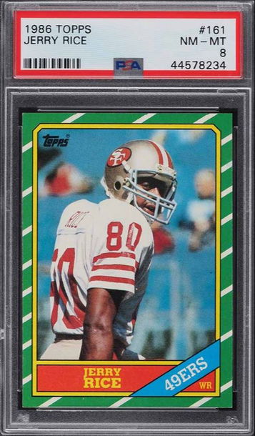 1986 TOPPS FOOTBALL JERRY RICE ROOKIE RC #161 PSA 8 NM-MT *SHIPS FROM PWCC VAULT*
