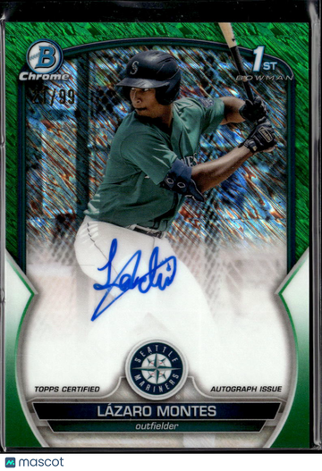 Lázaro Montes 2023 Bowman Chrome 1st Bowman Auto Green Shimmer Refractor /99 Seattle Mariners