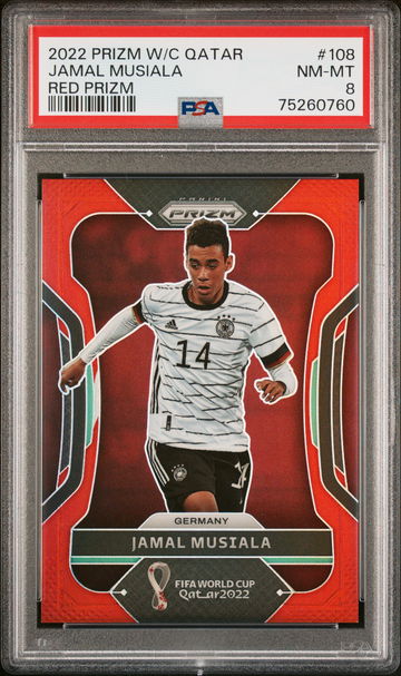 2022 PANINI PRIZM WORLD CUP QATAR JAMAL MUSIALA RED PRIZM #108 PSA 8