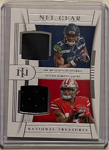 2019 National Treasures Deebo Samuel/DK Metcalf RC and 2021 Spectra Deebo Samuel Glove patch serial numbered