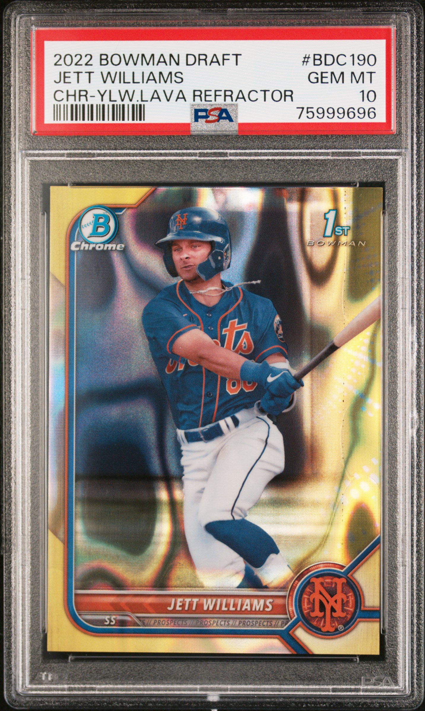 2022 Bowman Draft Jett Williams #BDC190 YLW.LAVA REFRACTOR PSA 10