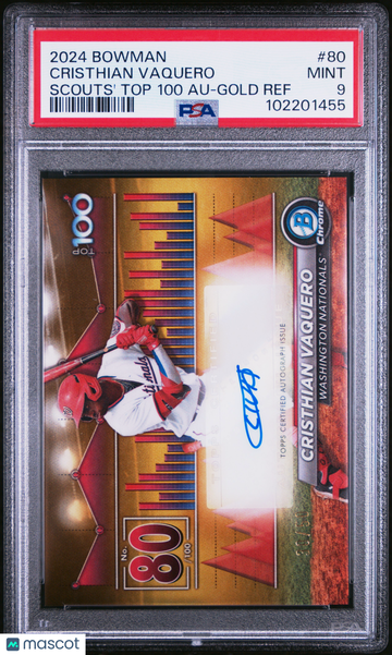 2024 Bowman Bowman Scouts' Top 100 Autographs Cristhian Vaquero #80 Gold Ref /100 PSA 9