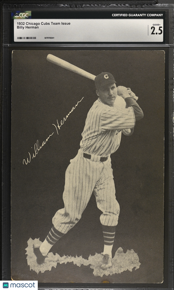 1932 Chicago Cubs Team Issue Billy Herman Jumbo Card CGC 2.5