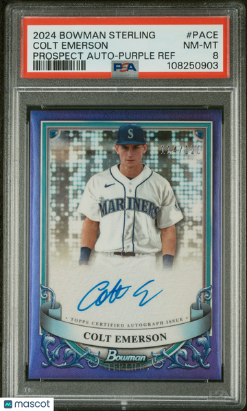 2024 Bowman Sterling Prospect Autographs Colt Emerson #PACE Purple Ref /120 PSA 8
