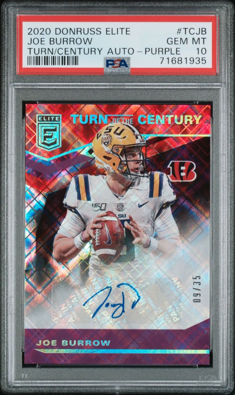 2020 Donruss Elite Joe Burrow Rookie Turn of the Century Purple Autograph /35 PSA 10 POP 1